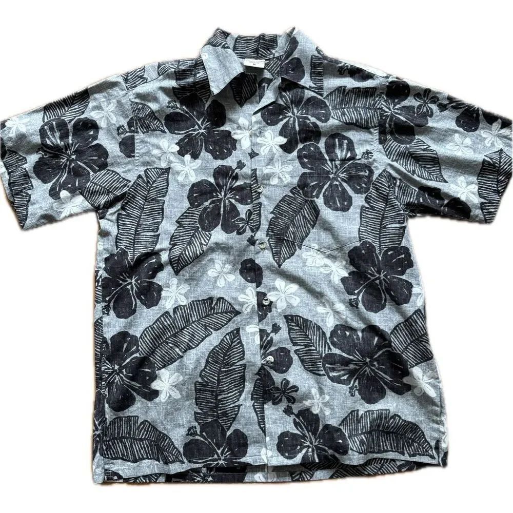 Go Barefoot Textured Hibiscus Hawaiian Shirt Men’s Size M Grey and Black